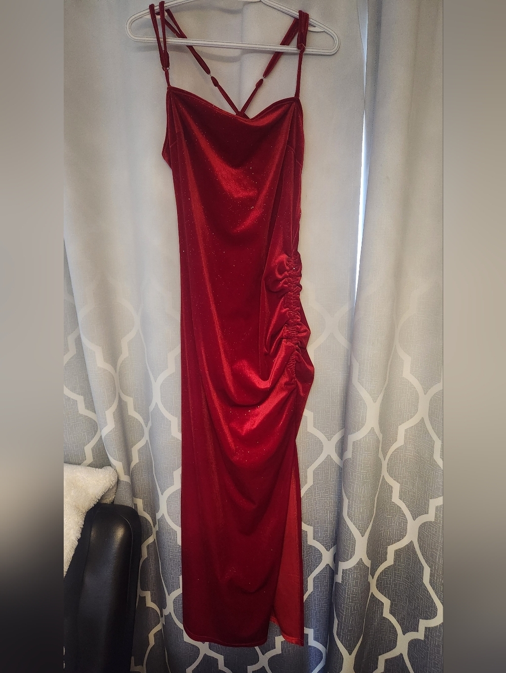 Red Velvet Sparkle Ruched Slip Dress